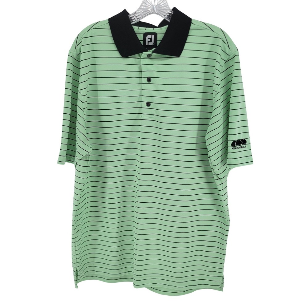 FootJoy Mens Lisle Striped Golf Polo Shirt Mint Green Meadowbrook Logo Large FJ